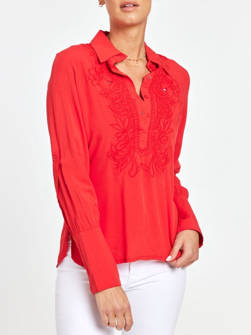 NWT Dolce Cabo Embroidered Blouse Red Long Sleeve Popover Office FLAW Sz S